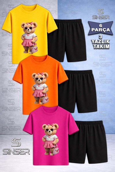 SS SİNSER Children's Bear Pink Skirt Bag Special Printed Crew Neck 3-Piece T-...
