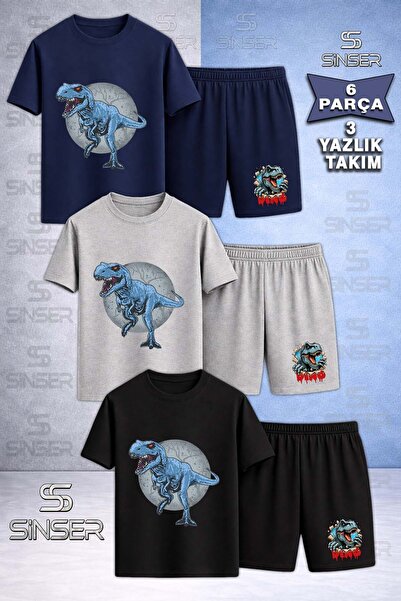 SS SİNSER Children's Dinosaur Blue in the Circle Custom Printed Crew Neck 3-P...