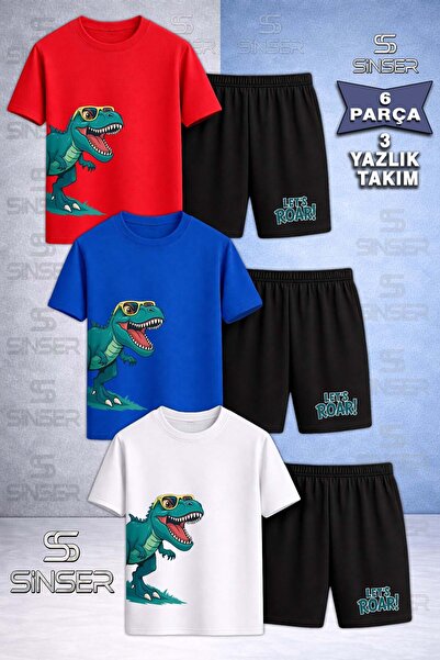 SS SİNSER Children's Dinosaur with Glasses Green Side Special Printed Crew Ne...