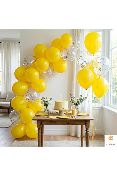 baloss fer Sarı Balon Seti 20’li Gümüş Konfeti Şeffaf Balon Doğum Günü Parti ...