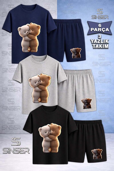 SS SİNSER Children's Bear Hug 2-Piece Special Printed Crew Neck 3-Piece T-Shi...