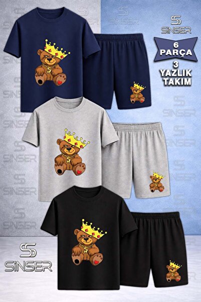SS SİNSER Children's Special Printed Crew Neck 3-Piece T-Shirt - Shorts Set w...