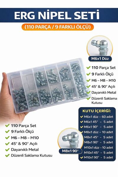 Midapo ERG GRES NİPEL SETİ 110 PARÇA M6X1 DÜZ M8 M10
