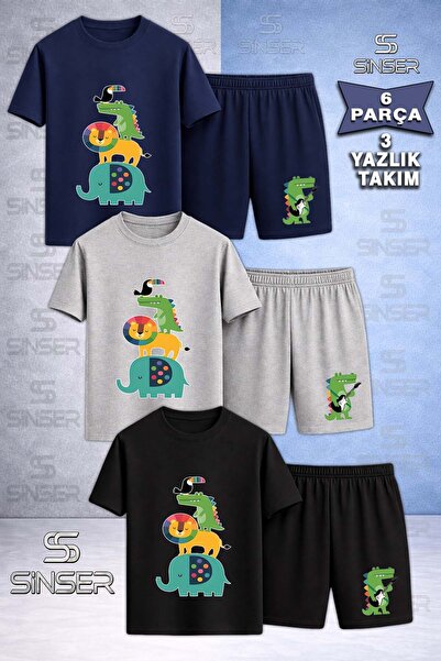 SS SİNSER Children's Animal Ust Uste Coklu Custom Printed Crew Neck 3-Piece T...