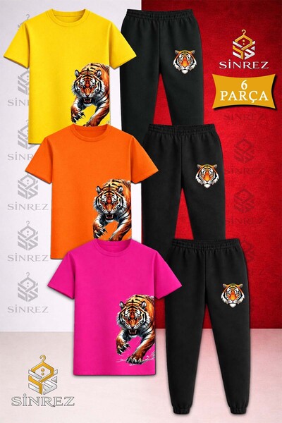 SİNREZ Children's Tiger Side Claw Printed 3-Piece T-Shirt Tracksuit Set