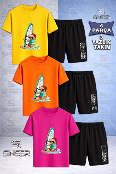 SS SİNSER Children's Bear Surf Sea Special Printed Crew Neck 3-Piece T-Shirt ...