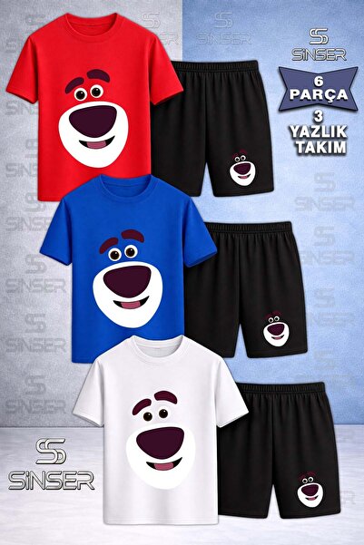SS SİNSER Children's Bear Smiling Face Special Printed Crew Neck 3-Piece T-Sh...
