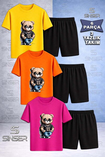 SS SİNSER Children's Bear Style 11 No Special Printed Crew Neck 3-Piece T-Shi...