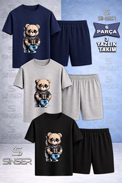 SS SİNSER Children's Bear Style 11 No Special Printed Crew Neck 3-Piece T-Shi...