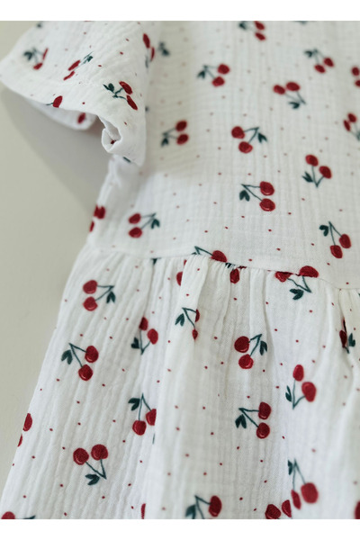 Neva Baby Boutique Beyaz Kısa Kollu %100 Pamuk Müslin Kız Çocuk Kiraz Desenli...