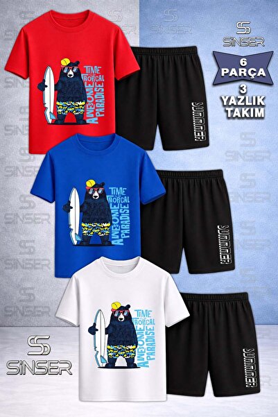 SS SİNSER Children's Ayicik Syh Surf Hat Special Printed Crew Neck 3-Piece T-...