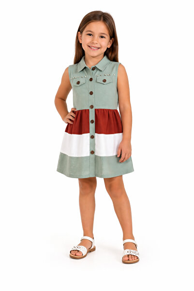 İrem Çocuk Giyim Girl's Button Closure Three Color Sleeveless Green Color Mid...