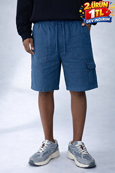 DAMGA JEANS Men's Casual Summer Cargo Pocket Navy Blue Linen Shorts