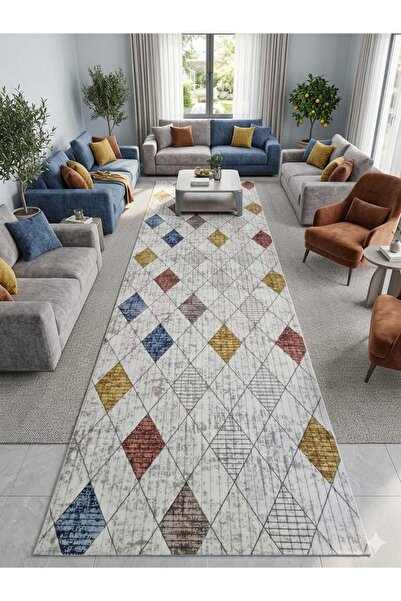Nesrin MODERN RENKLİ BAKLAVA DESENLİ KAYMAZ JEL TABAN HALI YOLLUK RENKLİ