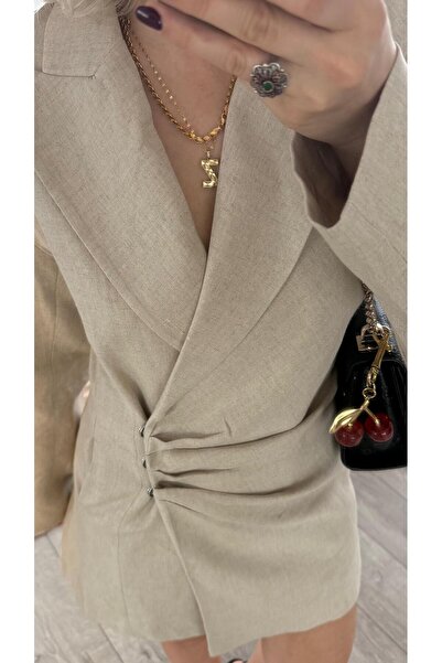 Butik Bej Keten Blazer Yaka Mini Elbise