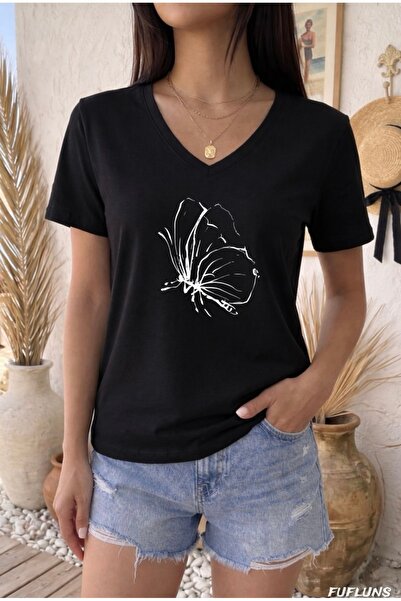 FUFLUNS TRICOU DE DAMĂ CU GULER ÎN V, MĂRIME MARE, CU IMPRIMEU SILUETĂ DE FLU...