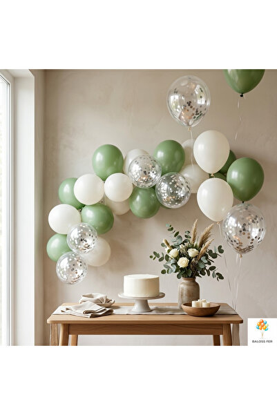 baloss fer Yeşil Beyaz Balon Seti 20’li Gümüş Konfeti Şeffaf Balon Baby Showe...