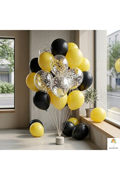 baloss fer Siyah Sarı Balon Seti 20’li Gümüş Konfeti Şeffaf Balon Doğum Günü ...