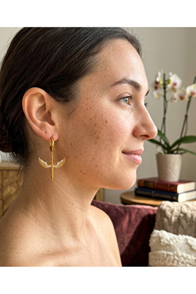 BANEDETTA Gold Color Winged Sword Detailed Hoop Earrings - Zircon Stone Non-Tarnish Dangle Earrings
