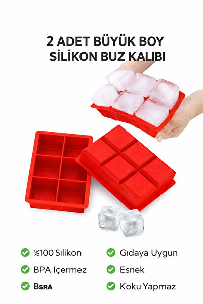 evolis kitchen 2Adet (6 Bölmeli Büyük Boy Silikon Buz Kalıbı Silikon Kare Buz...