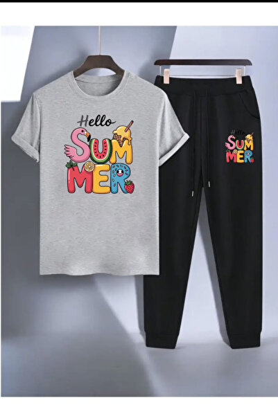 SUMMER Baskılı Eşofman Altı Ve T-shirt - Jogger Tişört Alt Üst Eşofman Takımı Bisiklet Yaka