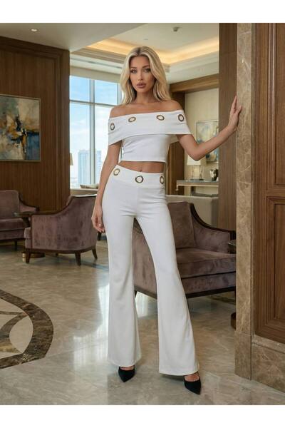 NİCE STYLE Women's Strapless Neckline Eyelet Detail Full Lycra Two-Piece Set