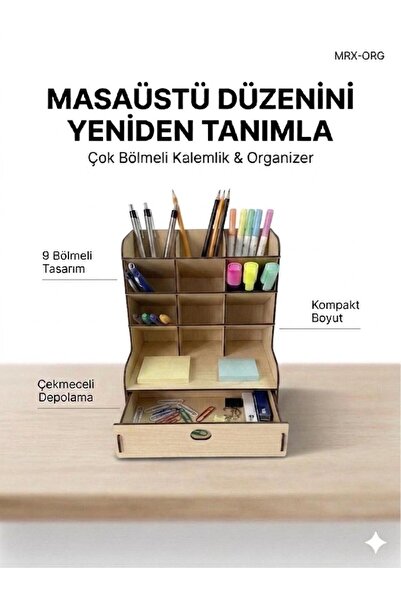 MRX منظم سطح المكتب من ORG |   حامل أقلام بـ 9 أقسام، منظم مكتب خشبي مع أدراج...