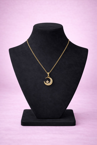 mdm style Gold Color Women's Necklace with Moon and Star Figures and Stones