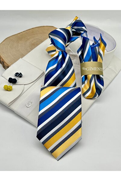 Gutiero Yellow Navy Blue Striped Classic Tie with Handkerchief
