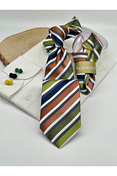 Gutiero Khaki Brown Striped Classic Tie with Handkerchief
