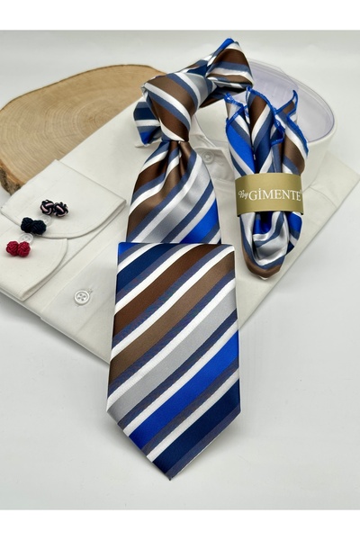 Gutiero Gray Brown Striped Classic Tie with Handkerchief