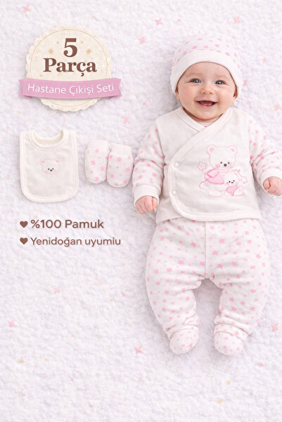 Dapster 5 Piece Newborn Hospital Discharge Set 100% Cotton Teddy Bear Embroid...