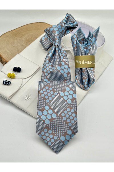 Gutiero Brown and Blue Polka Dot Classic Tie with Handkerchief