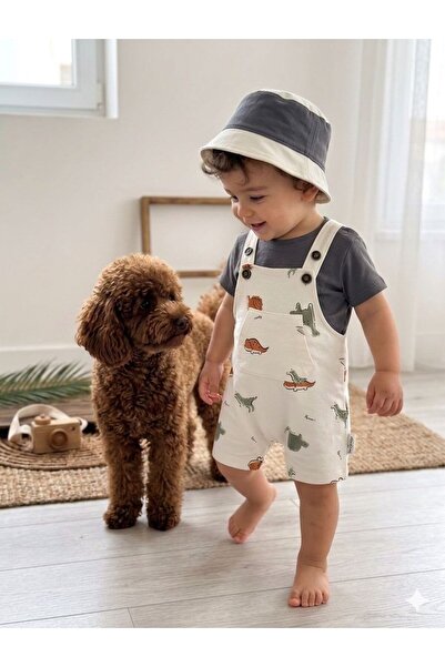 P&H BABYWEAR Erkek Bebek Dinozor Desenli Safari Şapkalı 3'lü Yazlık Salopet T...
