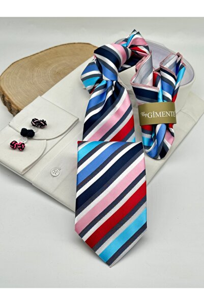 Gutiero Classic Tie with Blue and Pink Stripes and Handkerchief