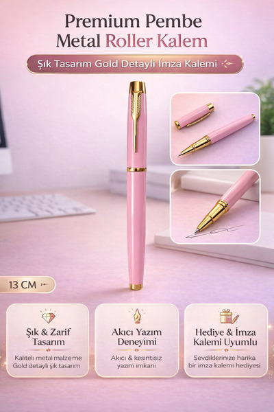 Tamsena Store Premium Pembe Metal Roller Kalem Şık Tasarım Gold Detaylı İmza ...