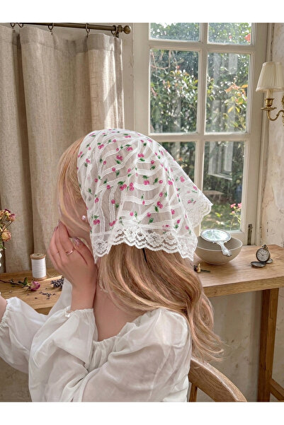 REBORN DESIGN Pembe Kiraz Desenli Tül Kumaş Sallantılı Güpür Detaylı Bohem Taç