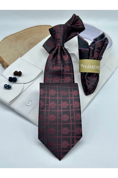 Gutiero Claret Red Patterned Classic Tie with Handkerchief