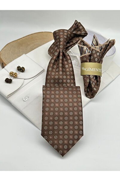 Gutiero Brown Patterned Classic Tie with Handkerchief