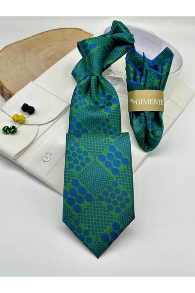 Gutiero Green Polka Dot Classic Tie with Handkerchief