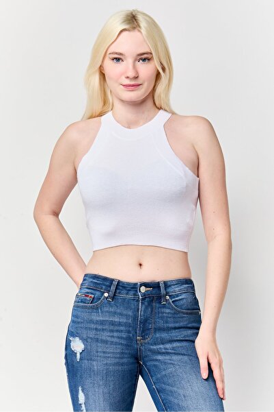 Don't Call Me Jennyfer Women Crew Neck Sleeveless Ribbed Crop Top, White