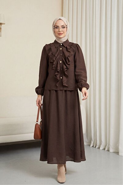 Modamorfo Ruffled Front, Elastic Sleeves, Lined Skirt, Strawberry Set - Brown