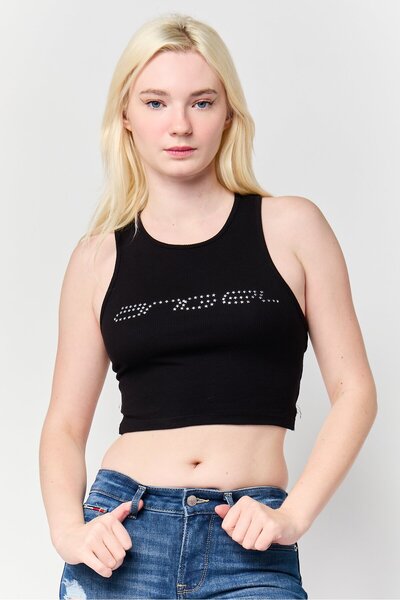 Don't Call Me Jennyfer Women Round Neck Sleeveless Embellished Tank Top, Black