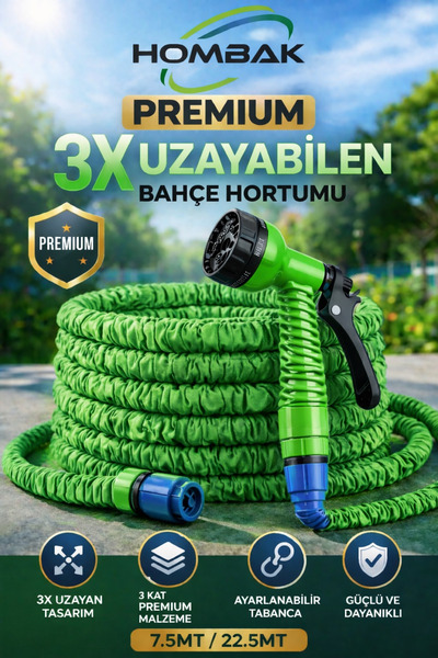 Hombak Yeşil 3X Uzayan Bahçe Hortumu 7.5 Metre – 22.5 Metre Ayarlanabilir Tab...