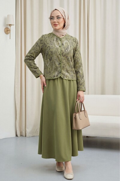 Modamorfo Top Button Ethnic Pattern Skirted Crepe Suit -Khaki