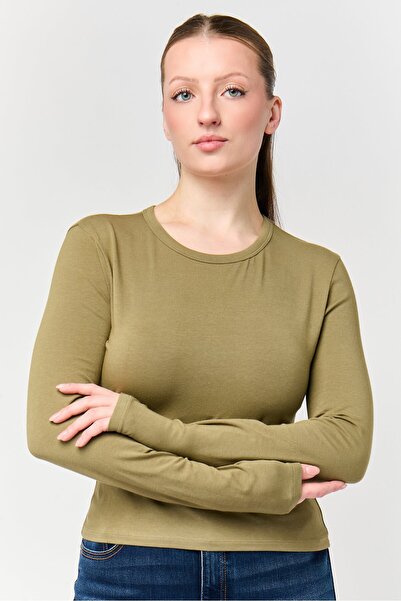 Don't Call Me Jennyfer Women Crew Neck Long Sleeve Plain Top, Khaki