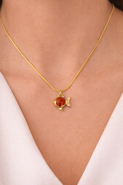 Belasso Steel Gold Color Red Color Minimal Fish Model Women's Necklace