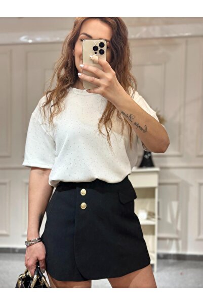 Derya Akyol Shiny Stone Printed Stylish Design Short Sleeve White T-Shirt