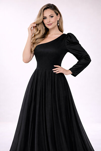 IŞILTI Women's Evening Dress Black One-Shoulder Princess Sleeve Glittery Tull...