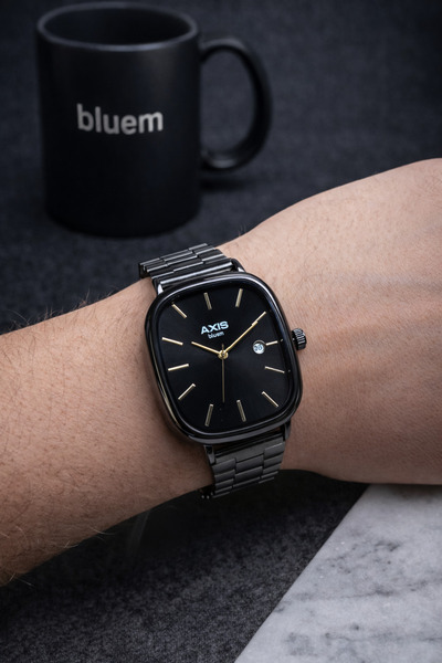 Bluem Axis Series - Black Steel Case & Gold Detailed Men's Wristwatch